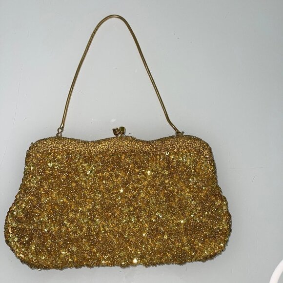 Handmade For Broadway Womens Clutch Purse Gold Beaded Vintage Rope Chain Handle - Picture 14 of 15